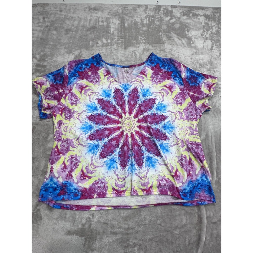 CHICYEA Women's Plus 3XL Kaleidoscope Tie Dye V-Neck T-Shirt Boho Festival S/S